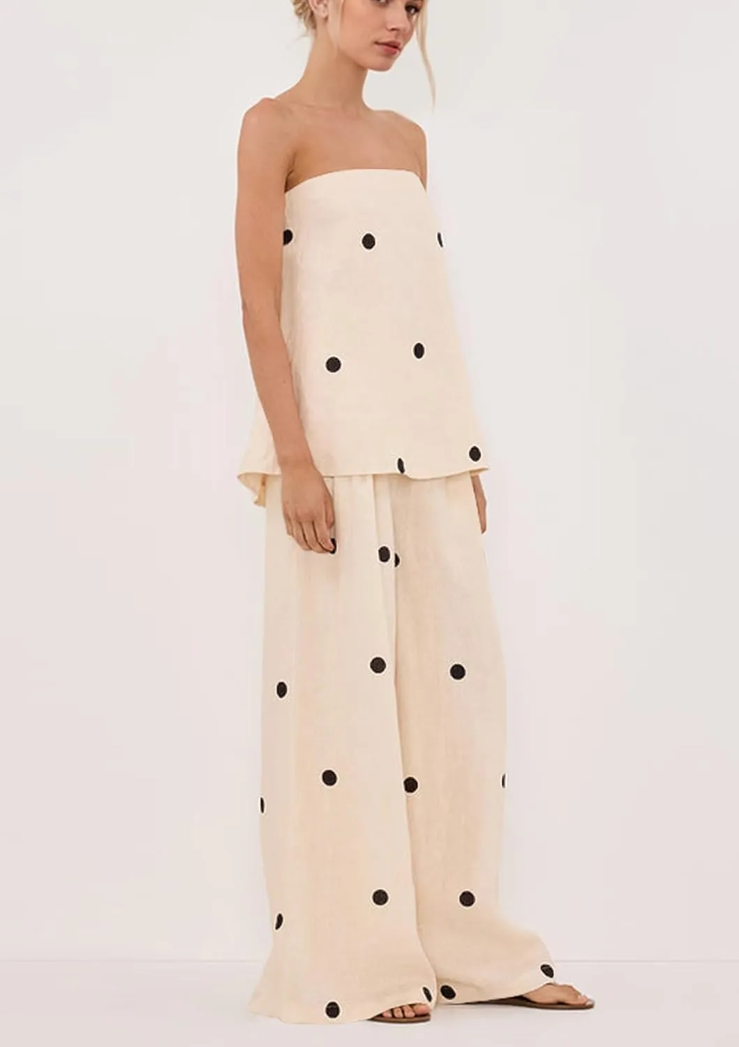 Women 2 Piece Polka Dot Tube Top Set Strapless Bandeau Blouse Wide Leg Spot Print Pants Outfits Summer Lounge Sets