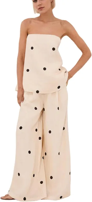 Women 2 Piece Polka Dot Tube Top Set Strapless Bandeau Blouse Wide Leg Spot Print Pants Outfits Summer Lounge Sets