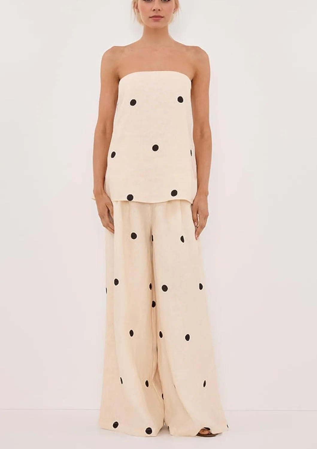 Women 2 Piece Polka Dot Tube Top Set Strapless Bandeau Blouse Wide Leg Spot Print Pants Outfits Summer Lounge Sets