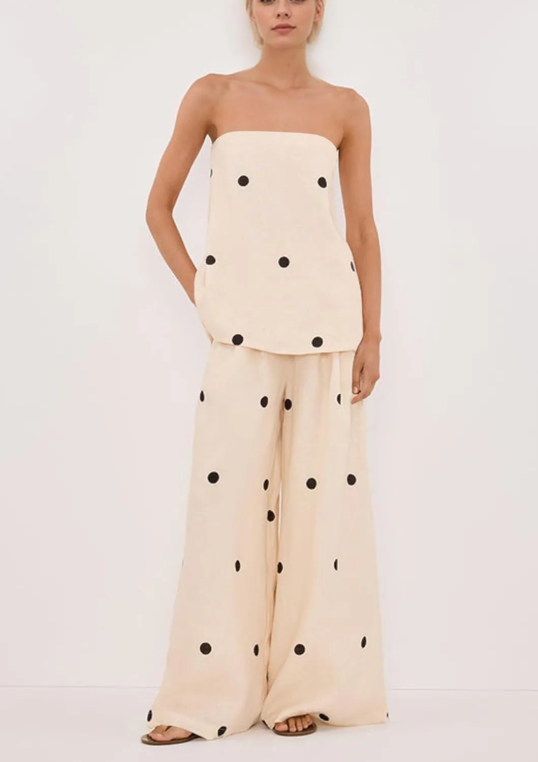 Women 2 Piece Polka Dot Tube Top Set Strapless Bandeau Blouse Wide Leg Spot Print Pants Outfits Summer Lounge Sets