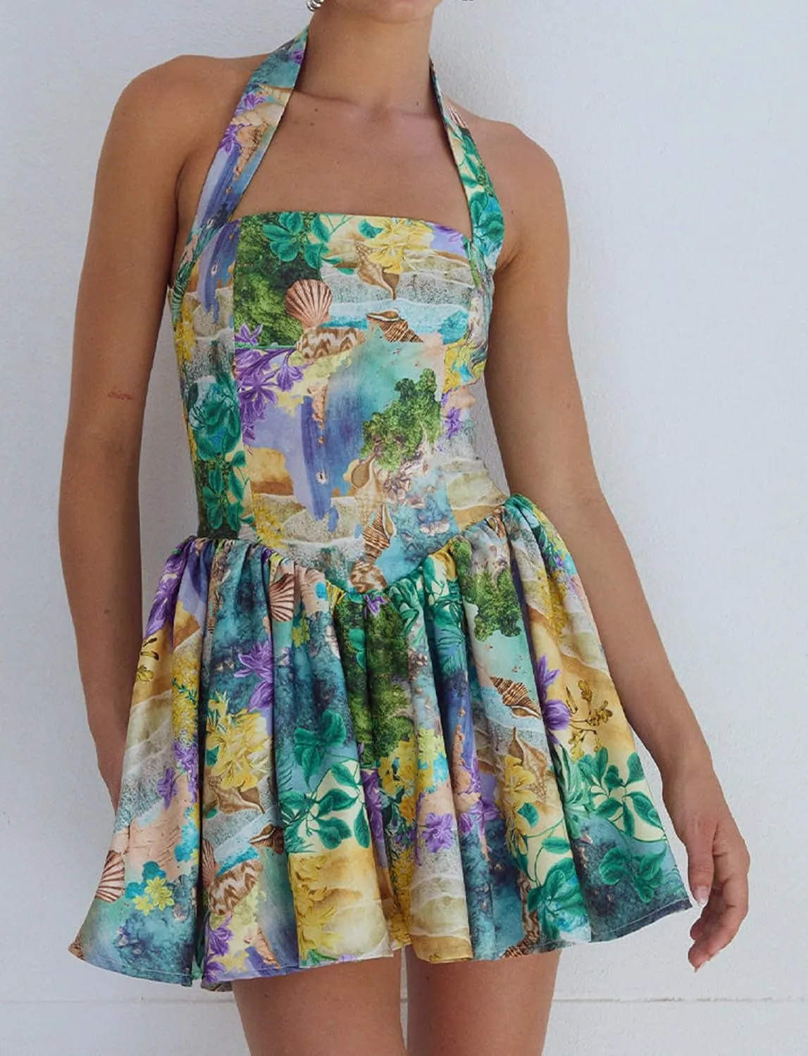 Women Boho Floral Cami Mini Dress Spaghetti Strap Printed A Line Short Dress Graffiti Cut Out Colorful Summer Dress