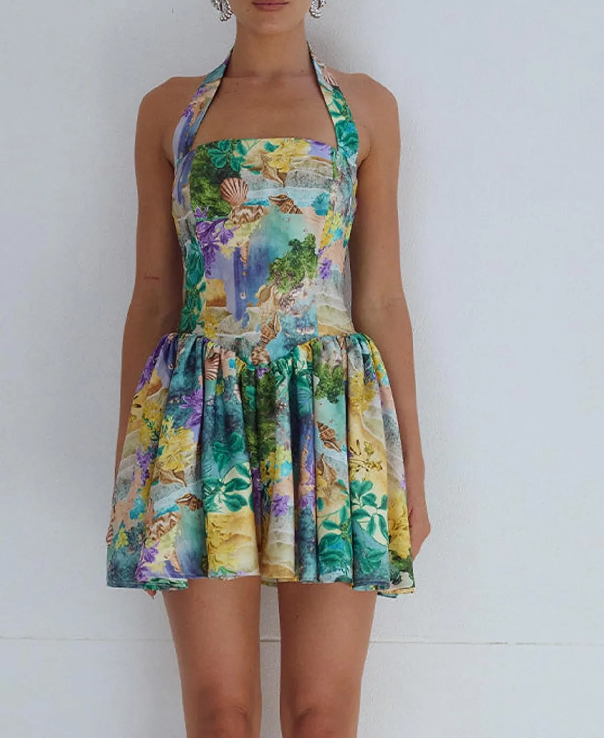Women Boho Floral Cami Mini Dress Spaghetti Strap Printed A Line Short Dress Graffiti Cut Out Colorful Summer Dress