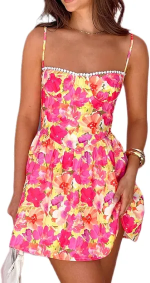 Women Boho Floral Cami Mini Dress Spaghetti Strap Printed A Line Short Dress Graffiti Cut Out Colorful Summer Dress