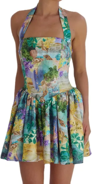 Women Boho Floral Cami Mini Dress Spaghetti Strap Printed A Line Short Dress Graffiti Cut Out Colorful Summer Dress
