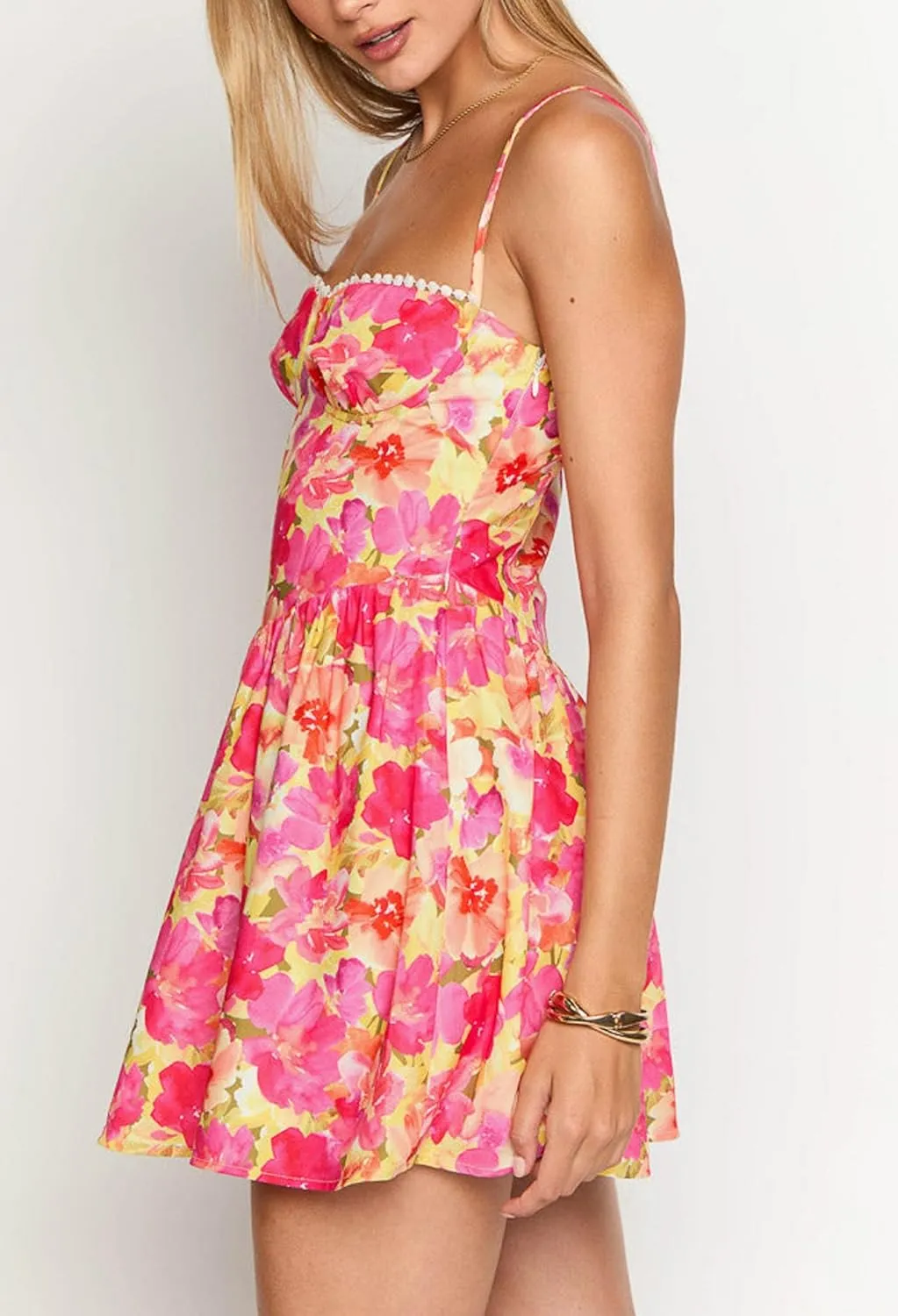 Women Boho Floral Cami Mini Dress Spaghetti Strap Printed A Line Short Dress Graffiti Cut Out Colorful Summer Dress