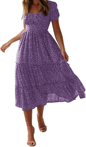 Women Boho Maxi Dress Crew-Neck Short Sleeve Empire Waist Summer Dress Smocked Floral Flowy Tiered Long Dress