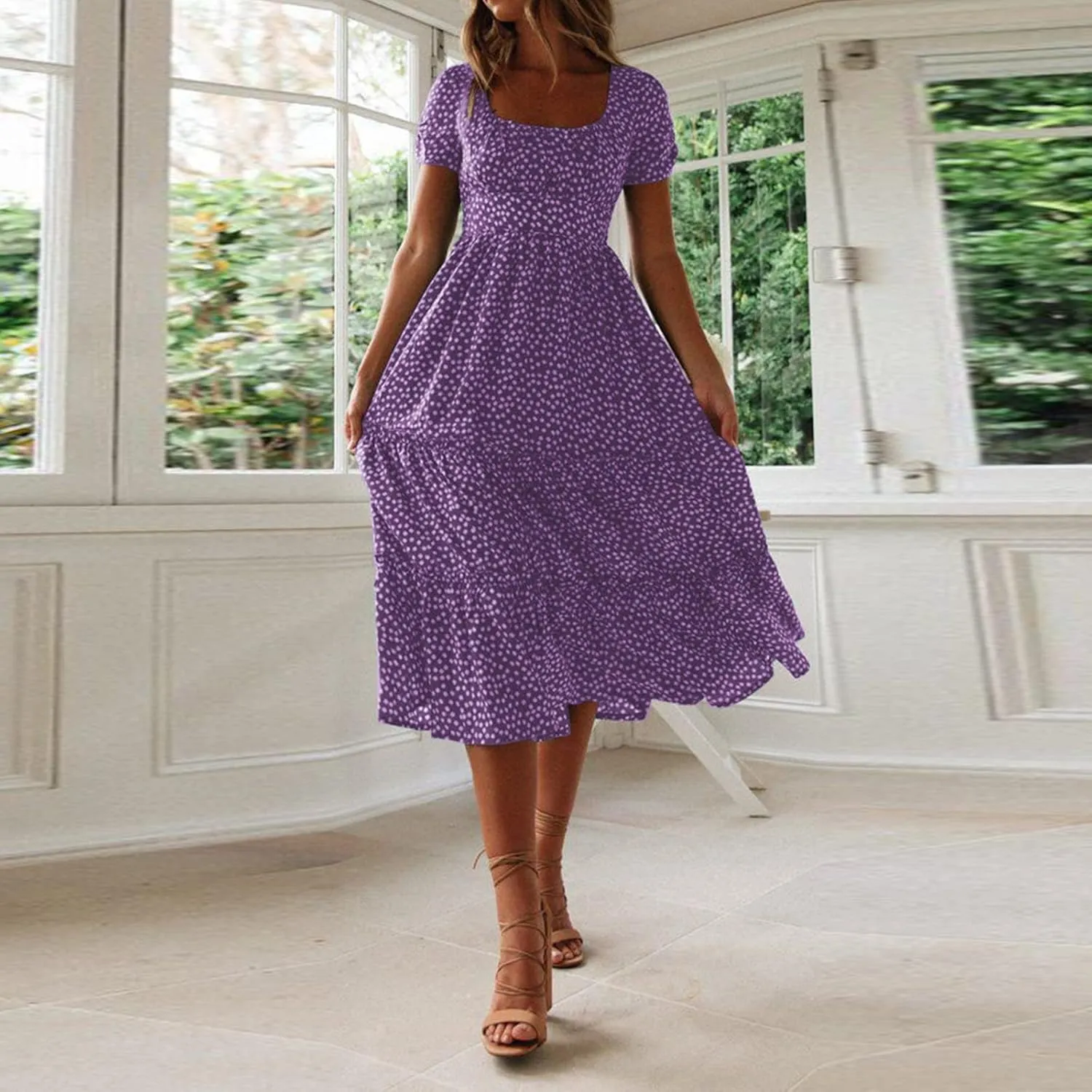 Women Boho Maxi Dress Crew-Neck Short Sleeve Empire Waist Summer Dress Smocked Floral Flowy Tiered Long Dress