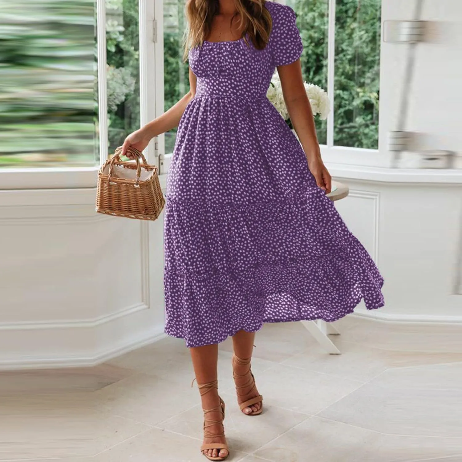 Women Boho Maxi Dress Crew-Neck Short Sleeve Empire Waist Summer Dress Smocked Floral Flowy Tiered Long Dress