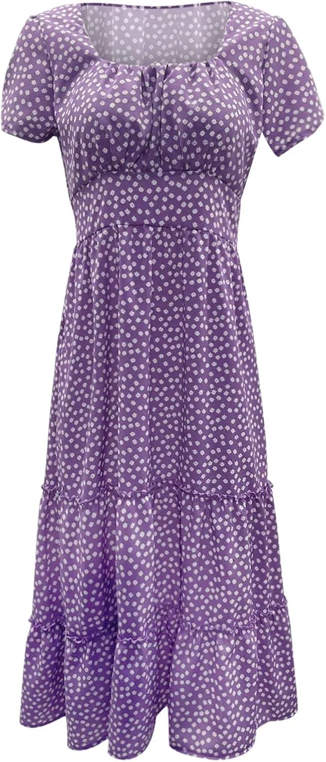 Women Boho Maxi Dress Crew-Neck Short Sleeve Empire Waist Summer Dress Smocked Floral Flowy Tiered Long Dress