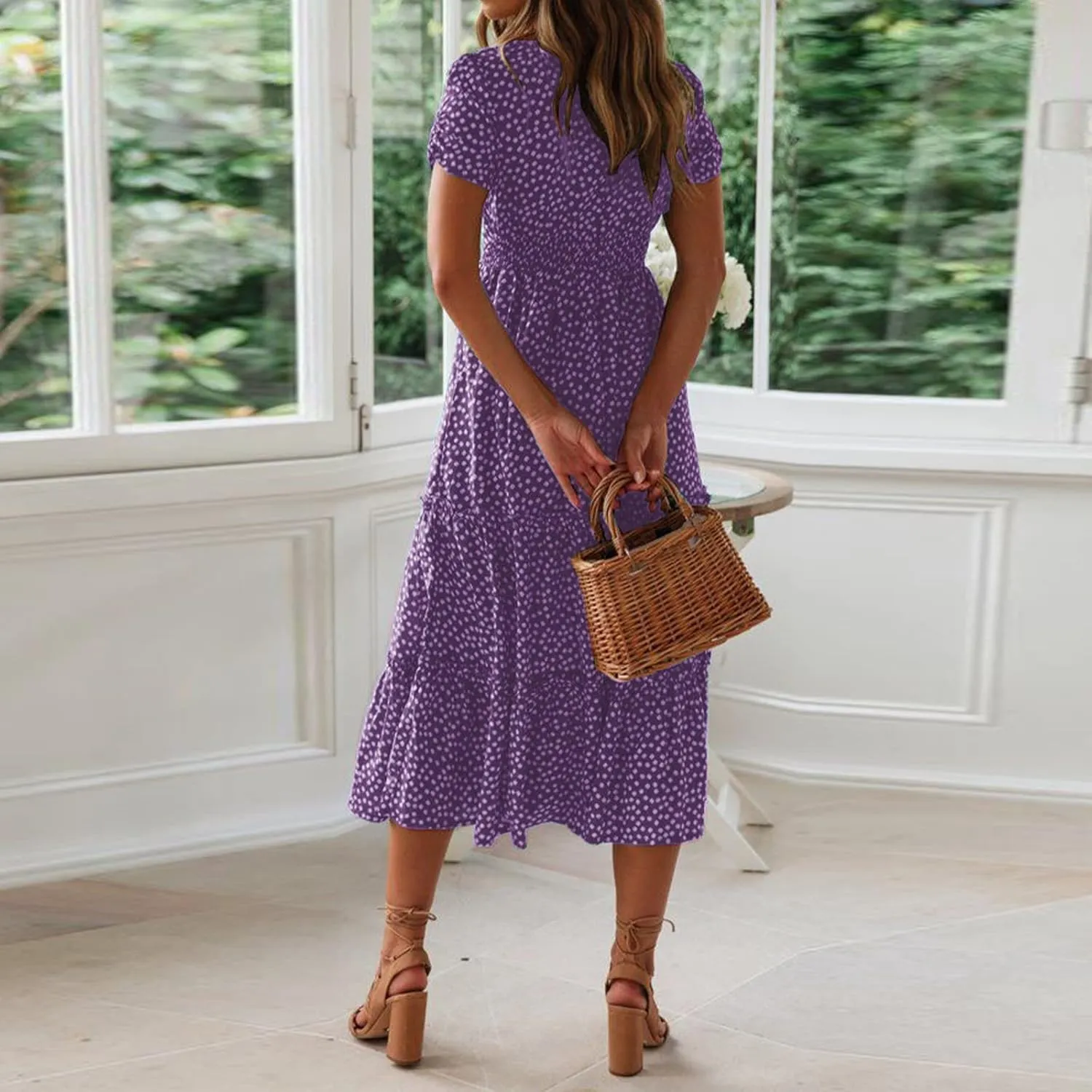 Women Boho Maxi Dress Crew-Neck Short Sleeve Empire Waist Summer Dress Smocked Floral Flowy Tiered Long Dress