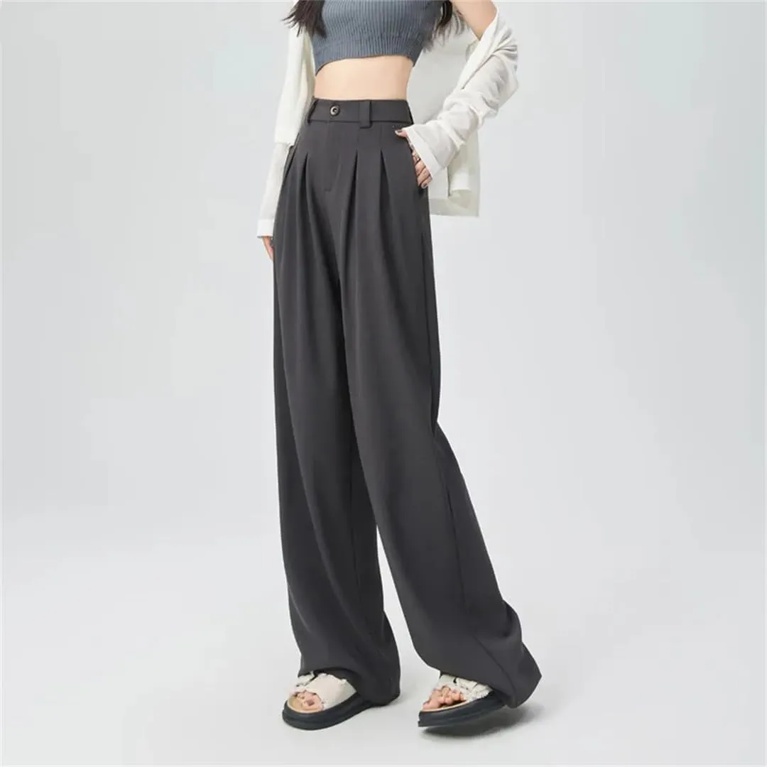 Women Casual High Waist Long Pants Loose Pockets Straight Trousers