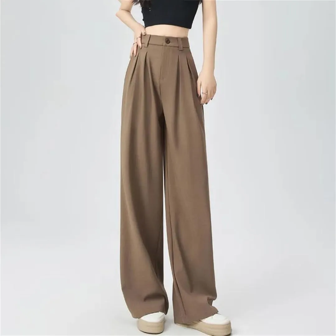 Women Casual High Waist Long Pants Loose Pockets Straight Trousers
