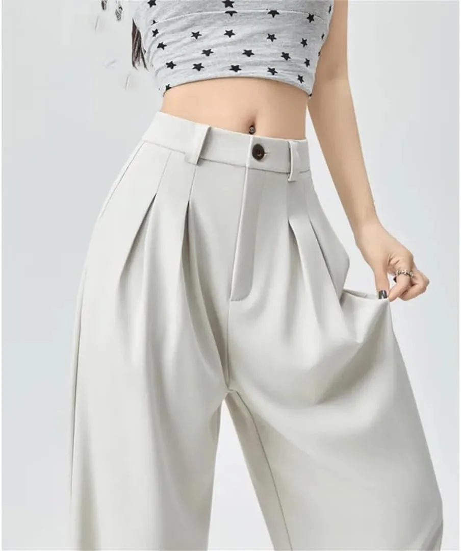 Women Casual High Waist Long Pants Loose Pockets Straight Trousers