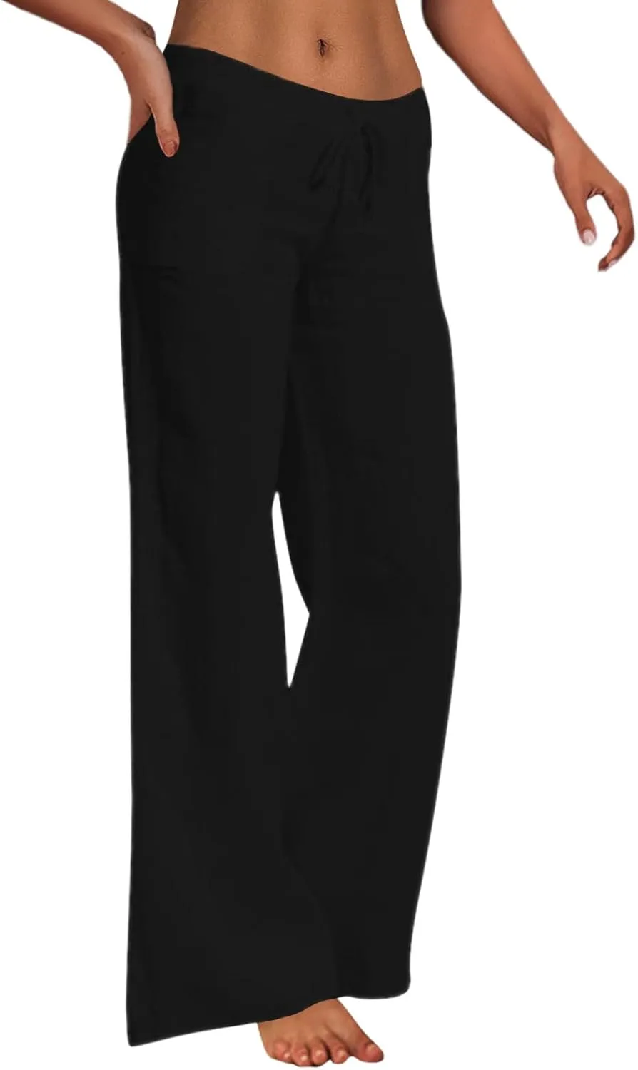 Women Cotton Linen Summer Y2K Fashion Palazzo Lounge Pants High Waist Straight Slim-Fit Trousers Vacation