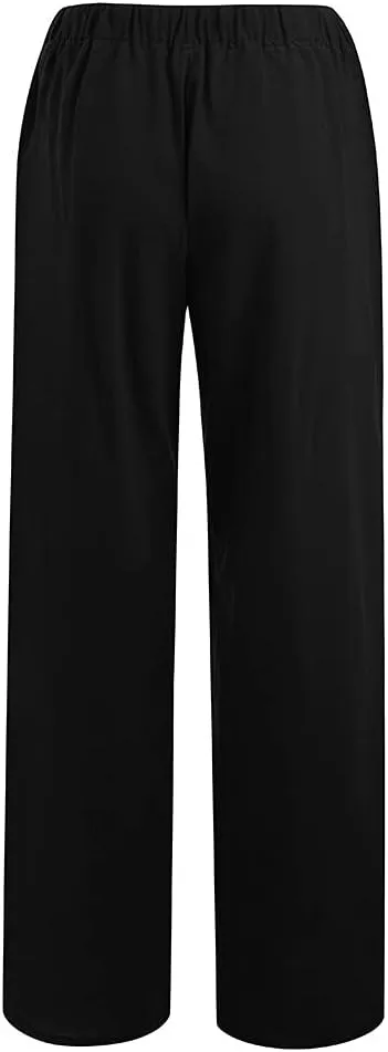 Women Cotton Linen Summer Y2K Fashion Palazzo Lounge Pants High Waist Straight Slim-Fit Trousers Vacation