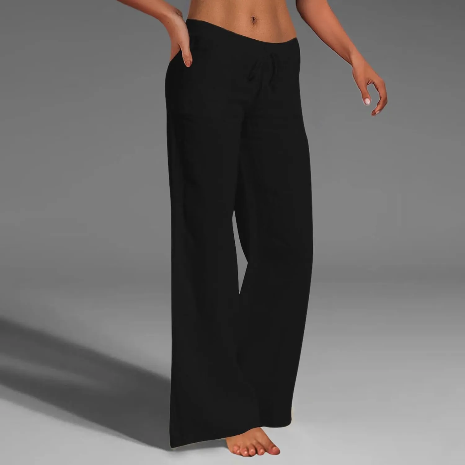 Women Cotton Linen Summer Y2K Fashion Palazzo Lounge Pants High Waist Straight Slim-Fit Trousers Vacation