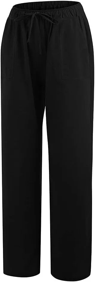 Women Cotton Linen Summer Y2K Fashion Palazzo Lounge Pants High Waist Straight Slim-Fit Trousers Vacation