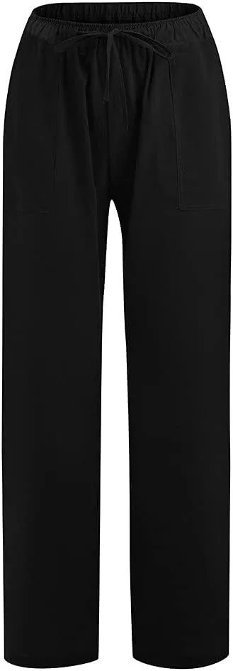 Women Cotton Linen Summer Y2K Fashion Palazzo Lounge Pants High Waist Straight Slim-Fit Trousers Vacation