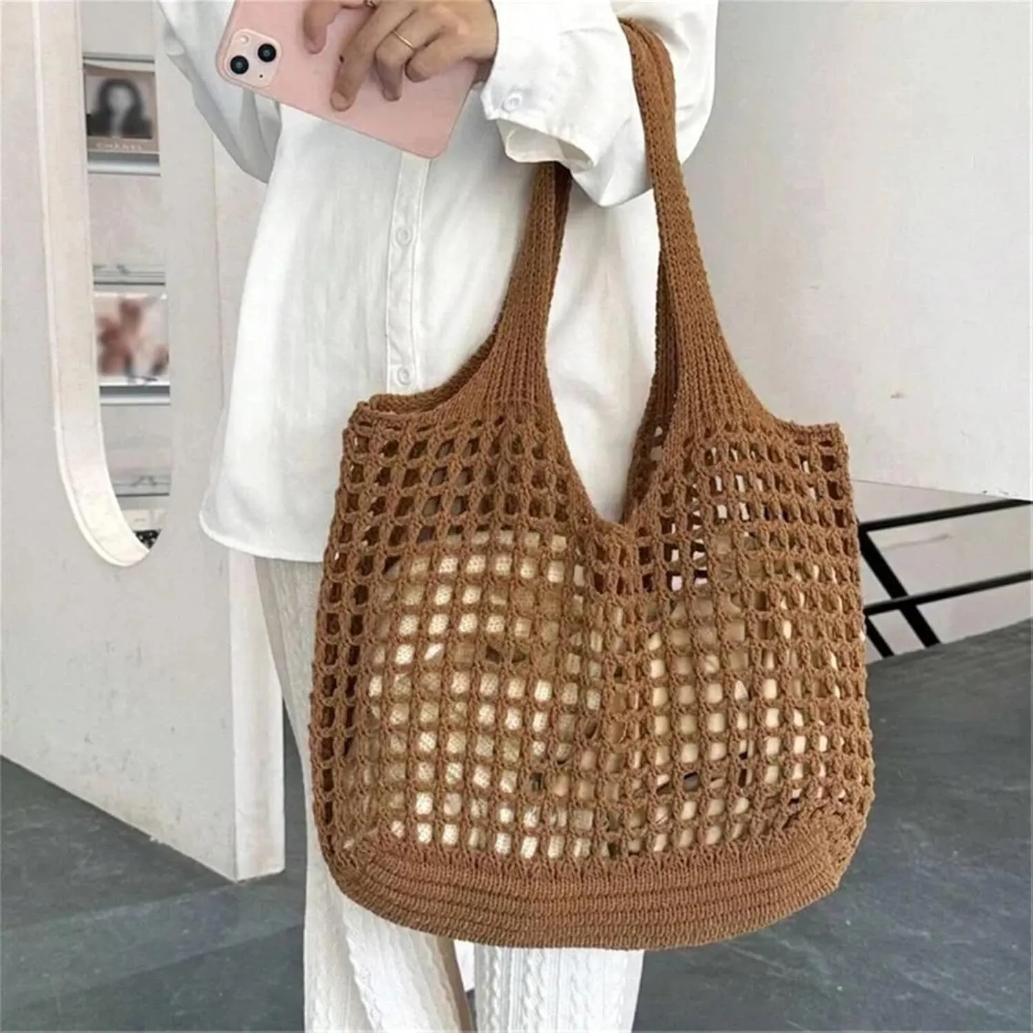 Women Crochet Tote Bag Hollow Beach Bags Large Capacity Knitted Bag Simple Casual Woven Shopping Bags
