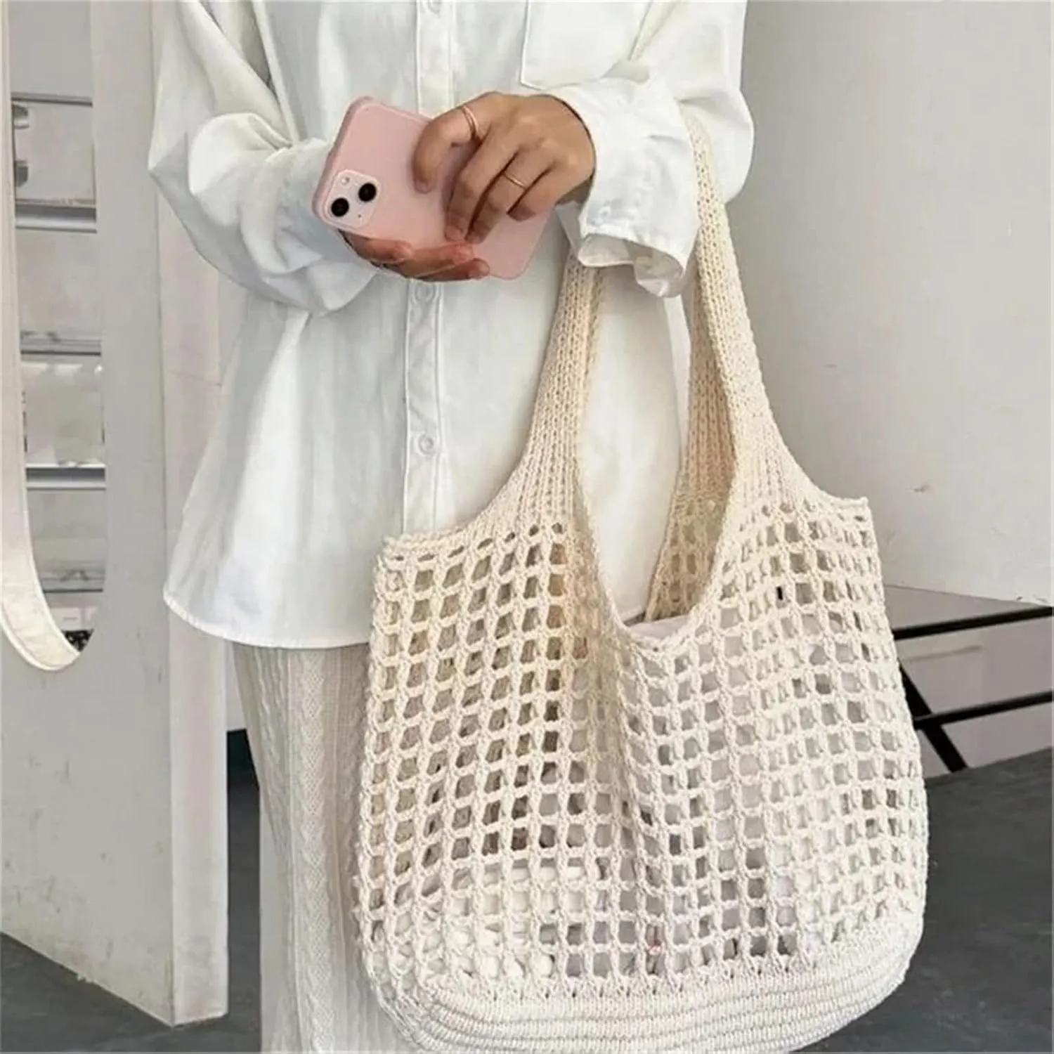 Women Crochet Tote Bag Hollow Beach Bags Large Capacity Knitted Bag Simple Casual Woven Shopping Bags