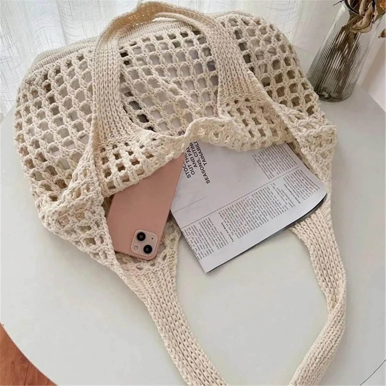 Women Crochet Tote Bag Hollow Beach Bags Large Capacity Knitted Bag Simple Casual Woven Shopping Bags