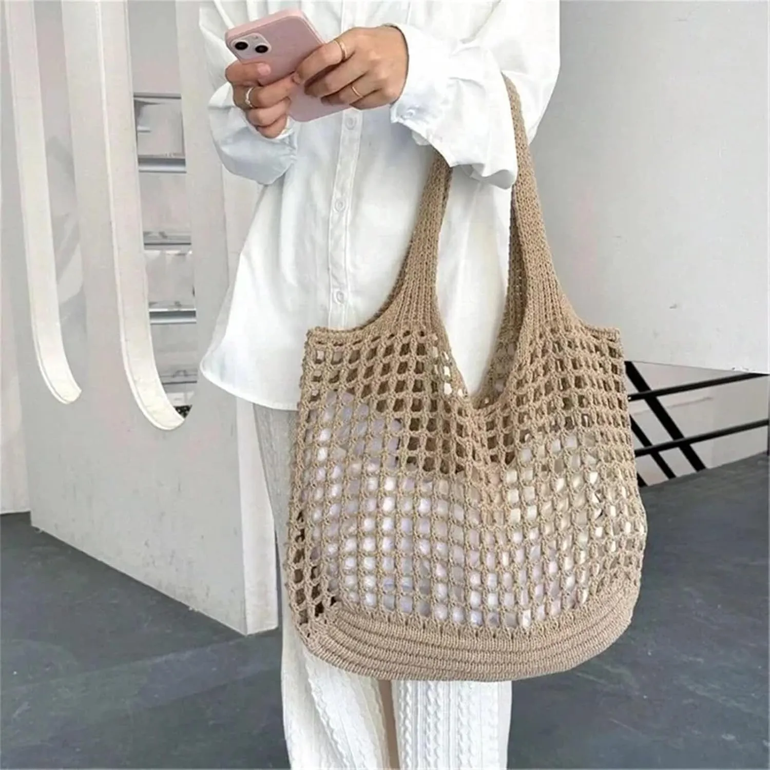 Women Crochet Tote Bag Hollow Beach Bags Large Capacity Knitted Bag Simple Casual Woven Shopping Bags