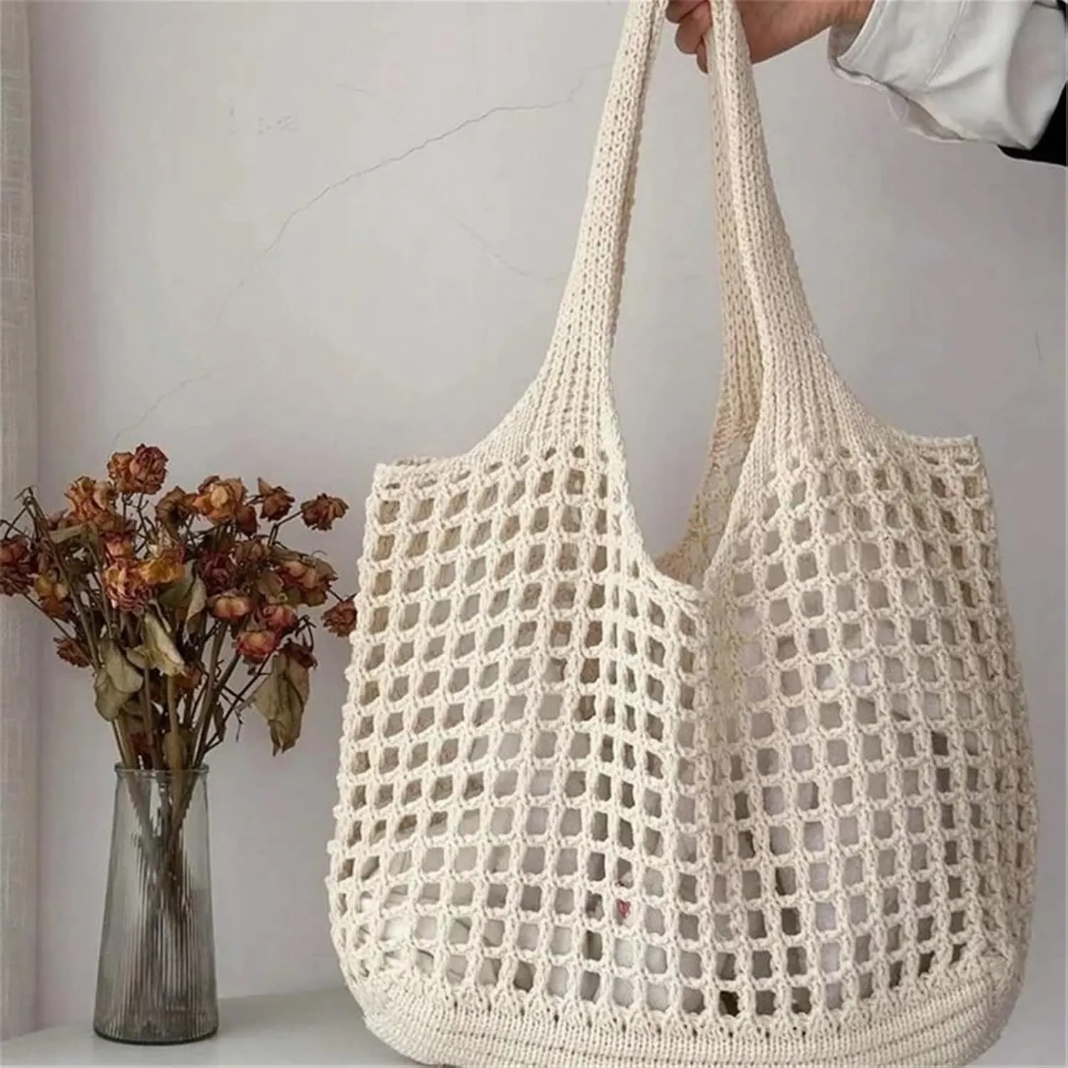 Women Crochet Tote Bag Hollow Beach Bags Large Capacity Knitted Bag Simple Casual Woven Shopping Bags