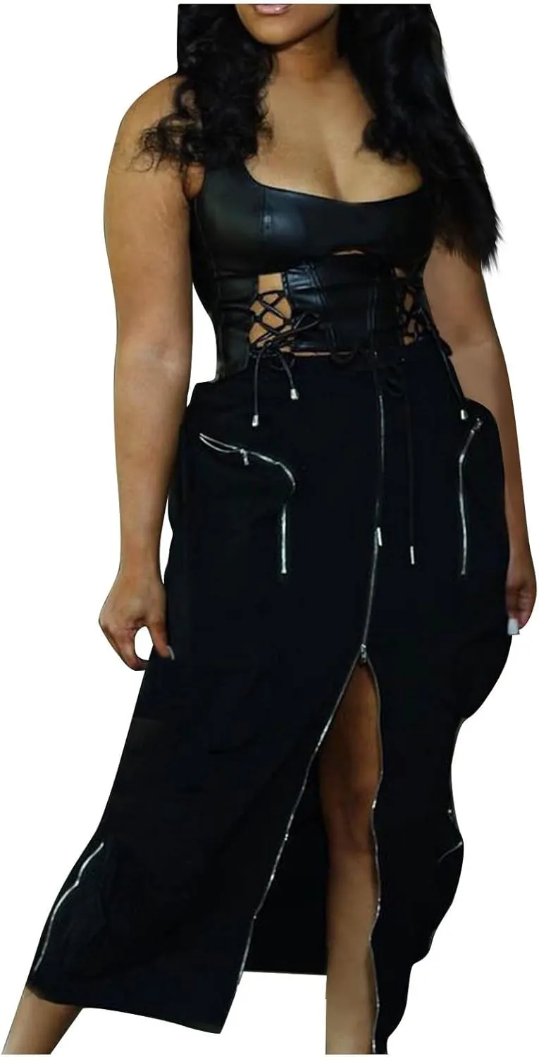 Women Denim Cargo Long Skirt Drawstring Elastic High Waisted Pencil Skirts Zip Open Front Midi Jean Skirt with Pockets