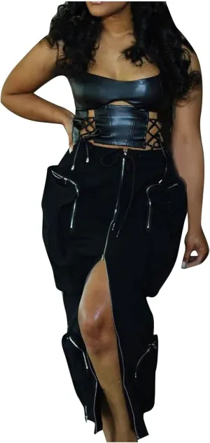 Women Denim Cargo Long Skirt Drawstring Elastic High Waisted Pencil Skirts Zip Open Front Midi Jean Skirt with Pockets