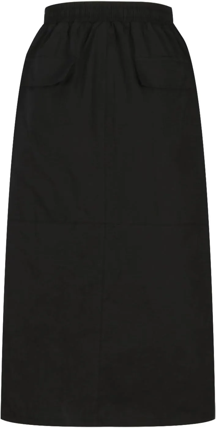 Women Denim Cargo Long Skirt Drawstring Elastic High Waisted Pencil Skirts Zip Open Front Midi Jean Skirt with Pockets