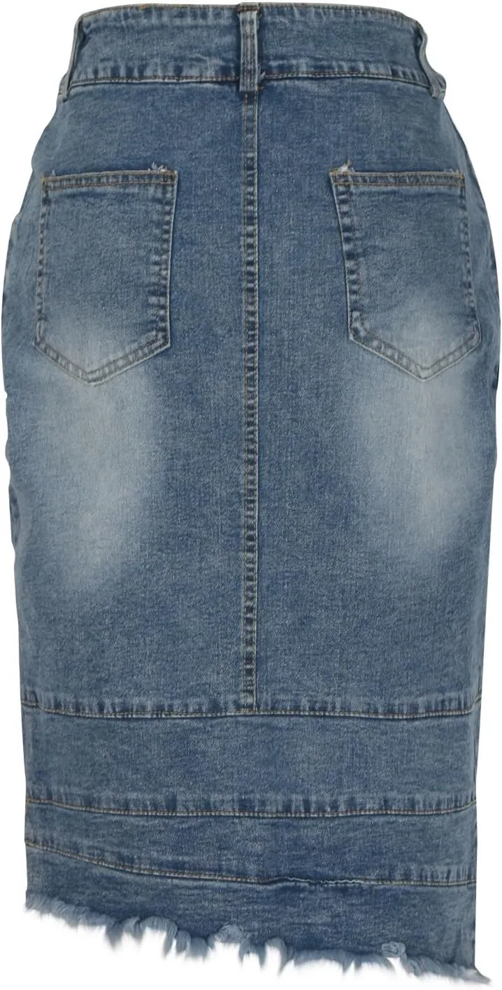 Women Denim Ripped Destroyed Irregular Skirt, Bodycon Streetwear Jean Midi Skirts, High Waist Button Pencil Skirt