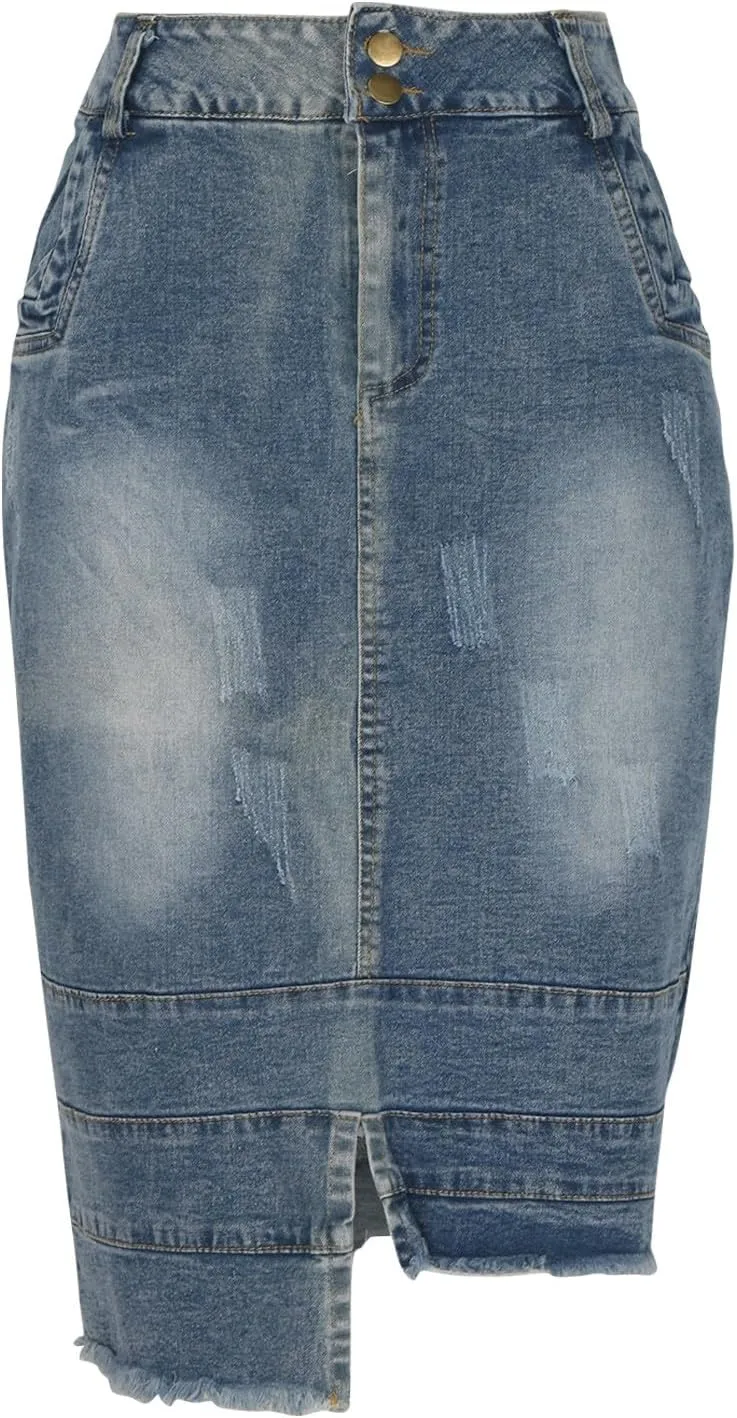 Women Denim Ripped Destroyed Irregular Skirt, Bodycon Streetwear Jean Midi Skirts, High Waist Button Pencil Skirt