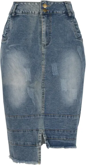 Women Denim Ripped Destroyed Irregular Skirt, Bodycon Streetwear Jean Midi Skirts, High Waist Button Pencil Skirt
