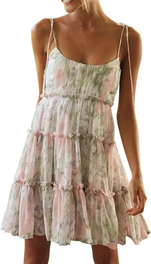 Women Floral Mini Dress Spaghetti Strap Milkmaid Ruffle Tiered Skater Dress Cute Summer Flowy Swing Beach Sun Dresses