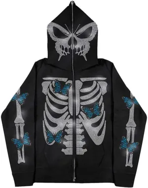 Women Grunge Zip Up Hoodies Gothic Punk Long Sleeve Printed Hooded Jackets Y2k 90s Streetwear Oversized Sweatshirts