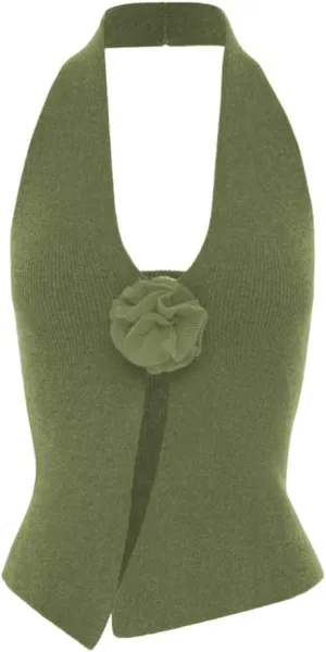 Women Halter Neck 3D Floral Rib-Knit Top Tank Y2k Sexy Sleeveless Backless Open Front Slim Fit Sweater Vest