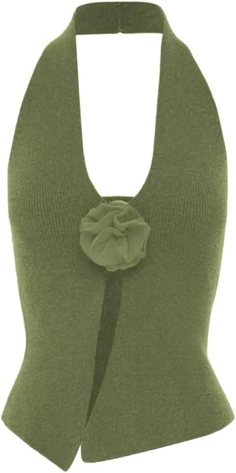 Women Halter Neck 3D Floral Rib-Knit Top Tank Y2k Sexy Sleeveless Backless Open Front Slim Fit Sweater Vest