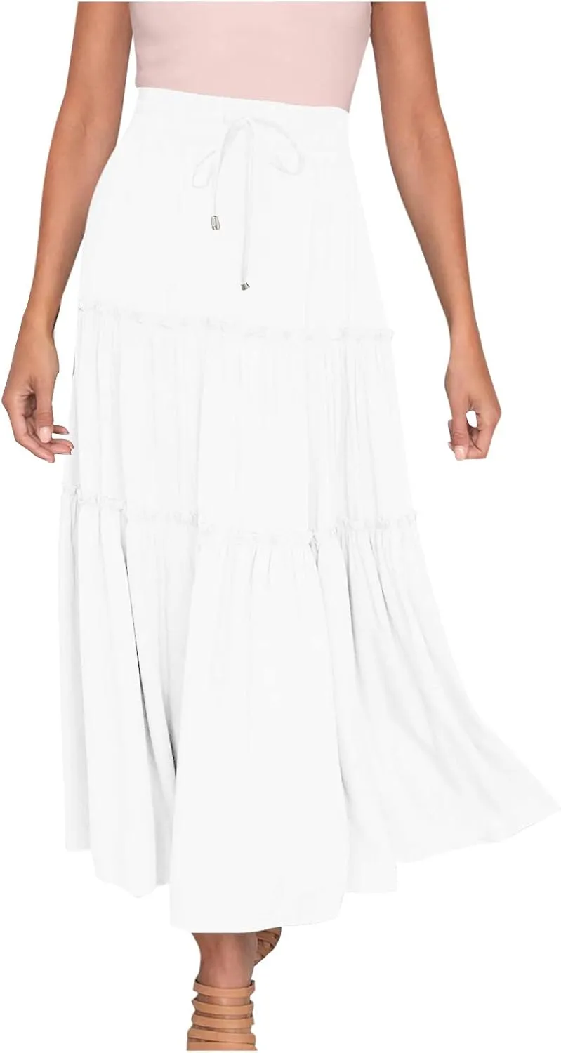 Women High Waist Casual Maxi Skirts Elastic Drawstring Pleated Long Skirt Loose Swing Beach Boho Skirt Half Dress