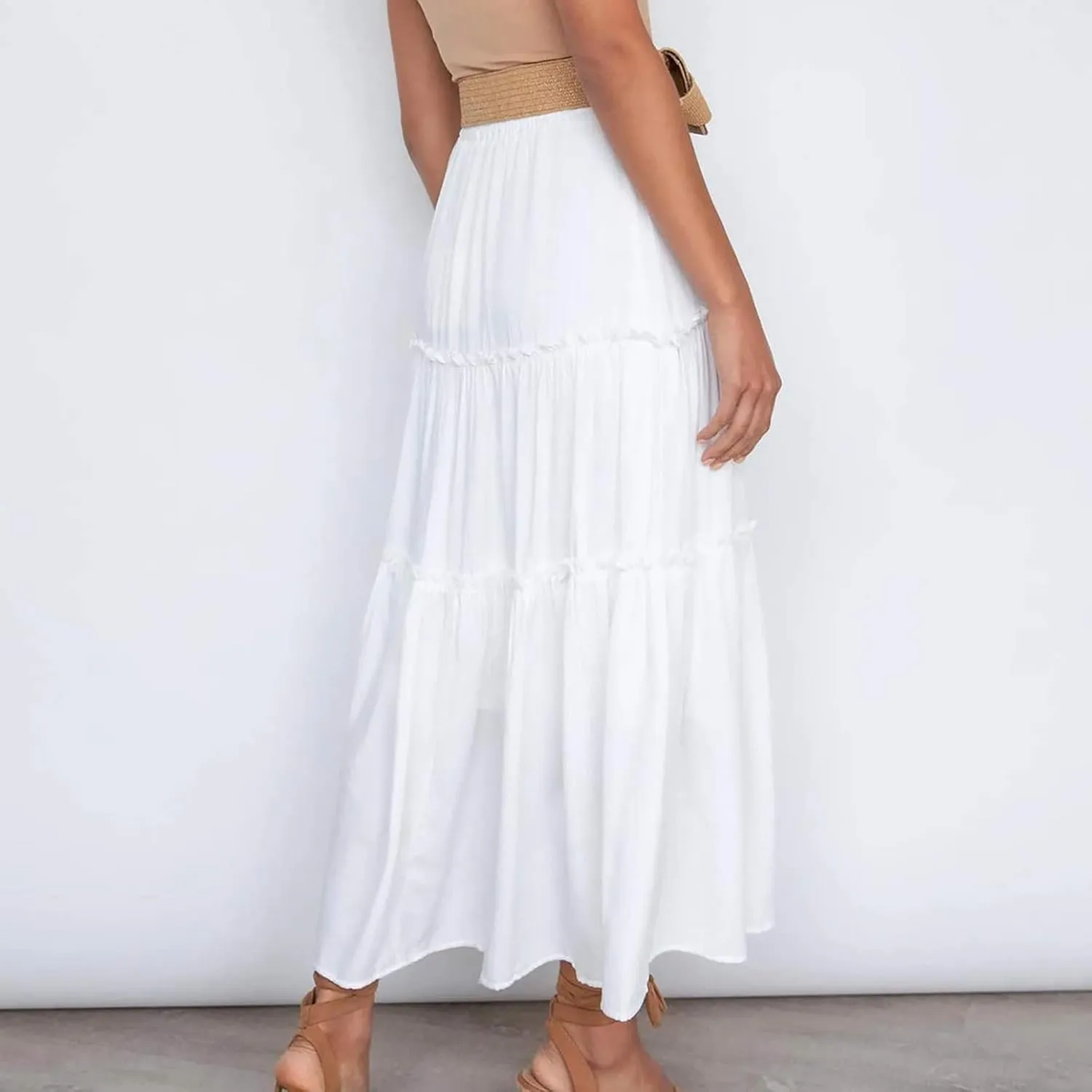 Women High Waist Casual Maxi Skirts Elastic Drawstring Pleated Long Skirt Loose Swing Beach Boho Skirt Half Dress