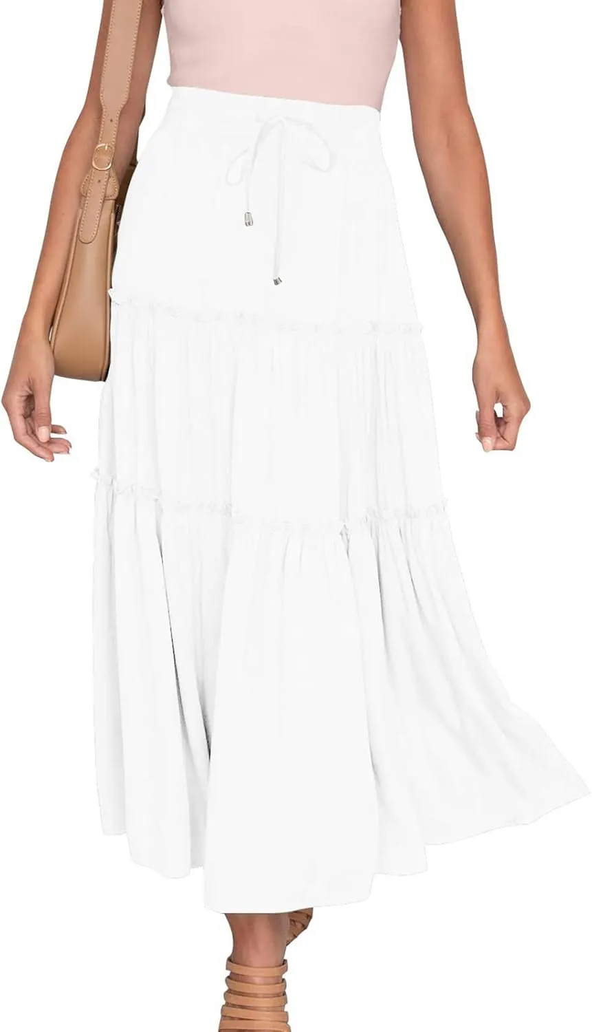 Women High Waist Casual Maxi Skirts Elastic Drawstring Pleated Long Skirt Loose Swing Beach Boho Skirt Half Dress