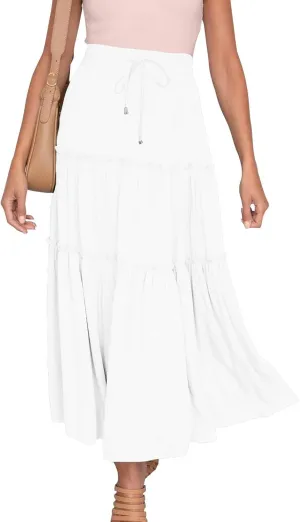 Women High Waist Casual Maxi Skirts Elastic Drawstring Pleated Long Skirt Loose Swing Beach Boho Skirt Half Dress