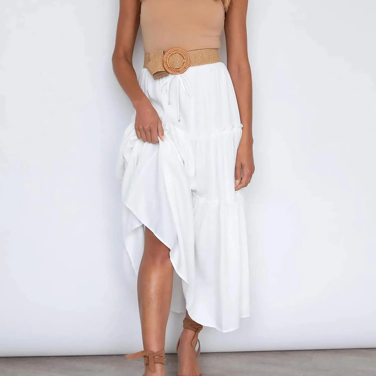 Women High Waist Casual Maxi Skirts Elastic Drawstring Pleated Long Skirt Loose Swing Beach Boho Skirt Half Dress