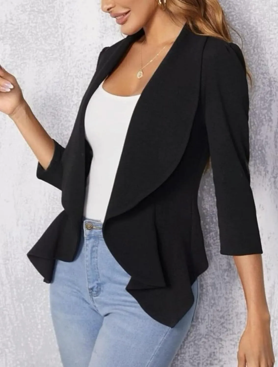 Women Open Front Blazer Work Office 2025 Casual Lightweight Jacket Ruffle Hem 3/4 Sleeve Cardigan