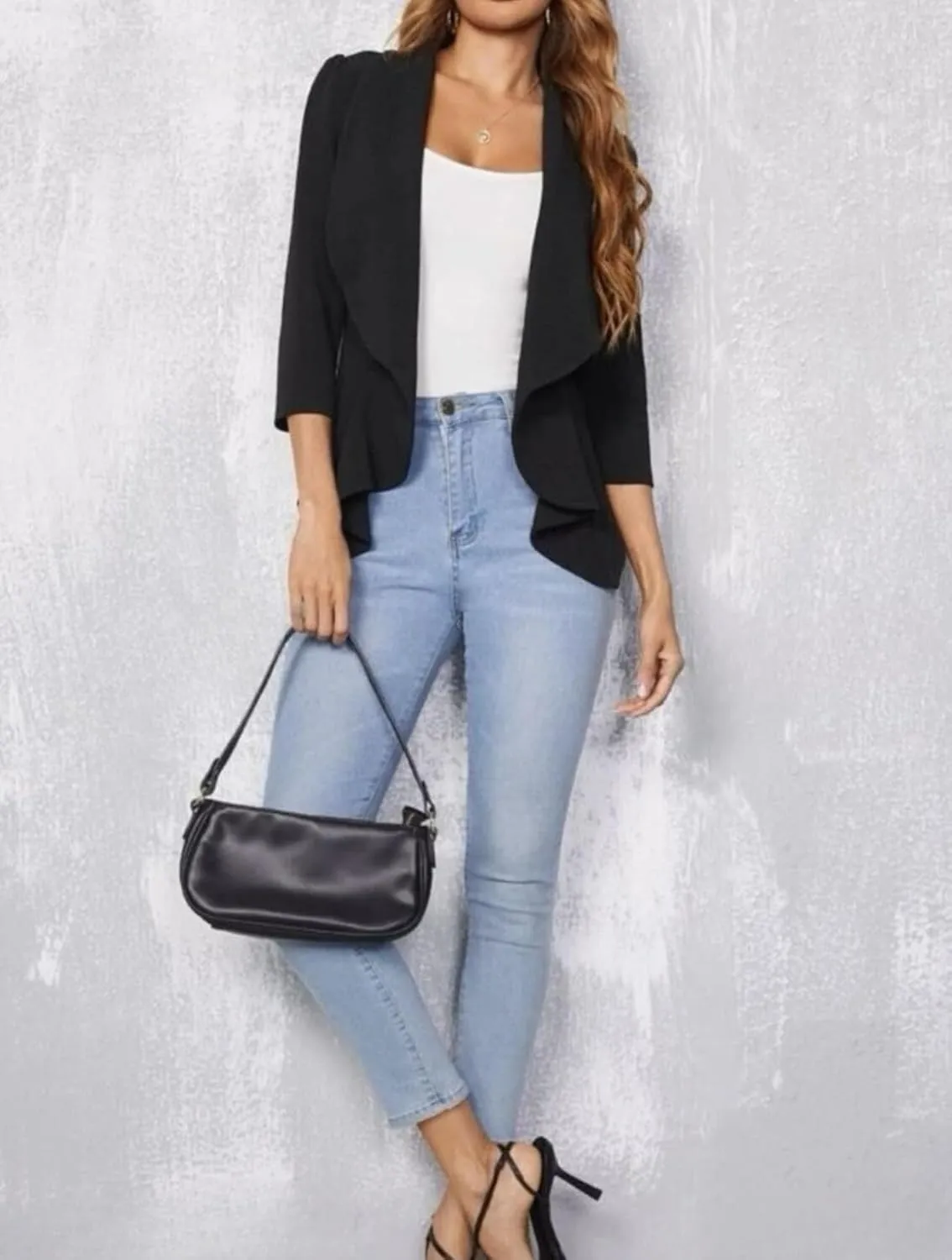 Women Open Front Blazer Work Office 2025 Casual Lightweight Jacket Ruffle Hem 3/4 Sleeve Cardigan