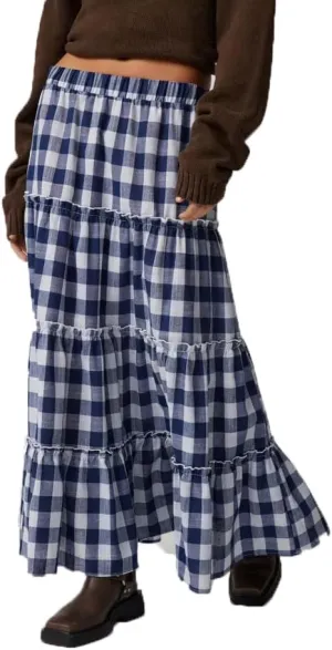 Women Plaid Print Midi Skirts Elastic High Waist A Line Pleated Flowy Maxi Skirts Casual Tiered Summer Skirts