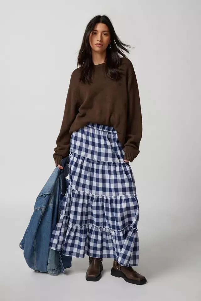 Women Plaid Print Midi Skirts Elastic High Waist A Line Pleated Flowy Maxi Skirts Casual Tiered Summer Skirts