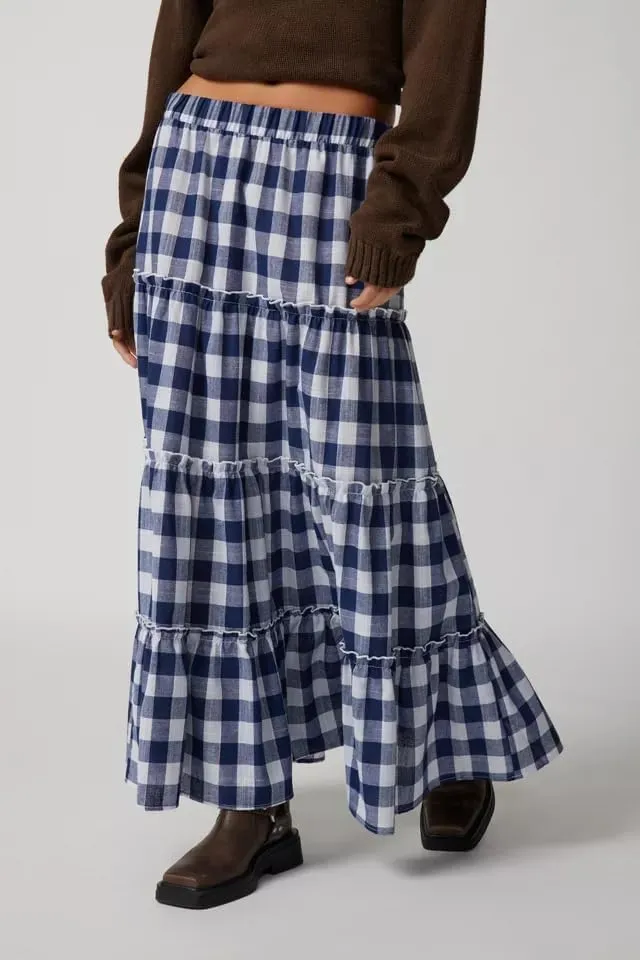 Women Plaid Print Midi Skirts Elastic High Waist A Line Pleated Flowy Maxi Skirts Casual Tiered Summer Skirts
