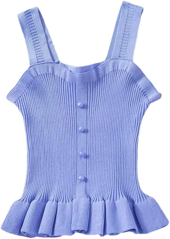 Women Ruffle Edge Button Tank Tops Elastic Knit Camisole Worn Outside Slim Sleeveless Rib Crop Top