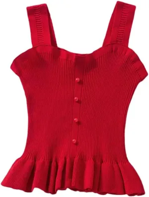 Women Ruffle Edge Button Tank Tops Elastic Knit Camisole Worn Outside Slim Sleeveless Rib Crop Top