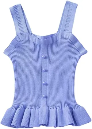 Women Ruffle Edge Button Tank Tops Elastic Knit Camisole Worn Outside Slim Sleeveless Rib Crop Top